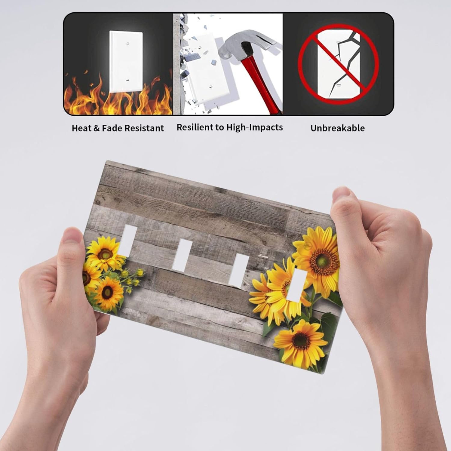 Sunflower Rustic Brown Gray Wood Light Switch Covers Quad Toggle Electrical Faceplate 4 Gang Wall Plate Decorative Switch Plates for Farmhouse Home Decor