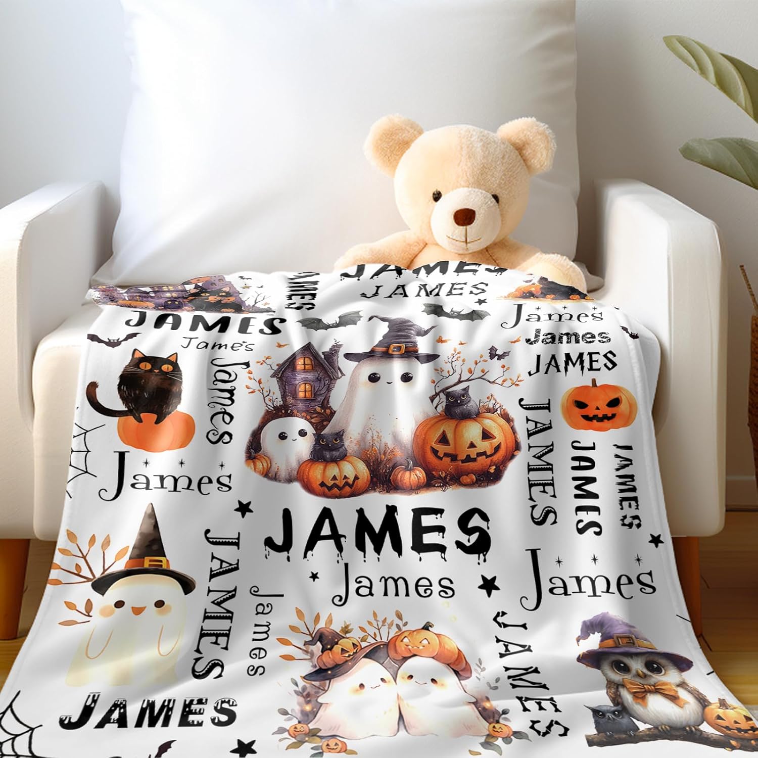 Ship Next Day, Custom Halloween Blanket - Printed in USA, Personalized Baby Blankets with Name, Gift for Kids Boys Girls, Unique Present for Birthday, Christmas, Halloween Bats Toddler Blanket