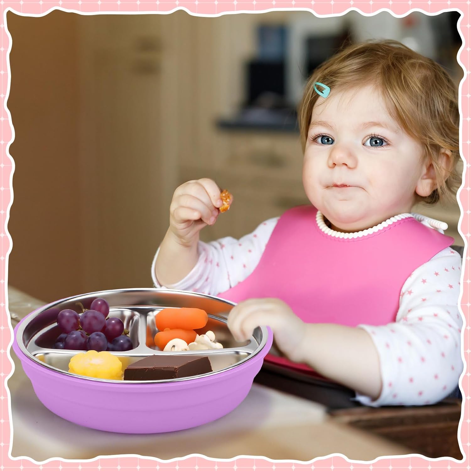 Nuogo 3 Pcs Stainless Steel Baby Suction Plates with Removable Silicone Shell 2-in-1 Metal Toddler Bowl Divided for Picky Eaters Kid Feeding Led Weaning Supply, Dishwasher Safe (Red Series)