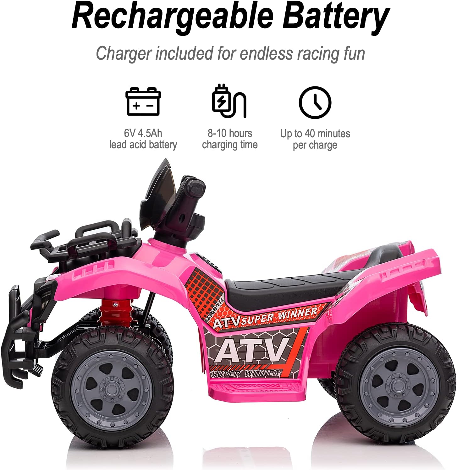 Kids ATV 4 Wheeler, 6V Ride-On Toy for Toddlers Boys & Girls with Music, Forward & Reverse - Rose Pink