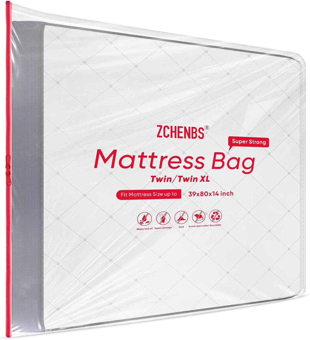 ZCHENBS® – Mattress Bags for Moving and Storage,Mattress Bag with Zippers,5 Mil Ultra-Thick Bed Bag,Waterproof,Anti-Tear,Heavy-Duty Mattress bag (Transaparent/Red, Twin/Twin XL-(2 Pack))