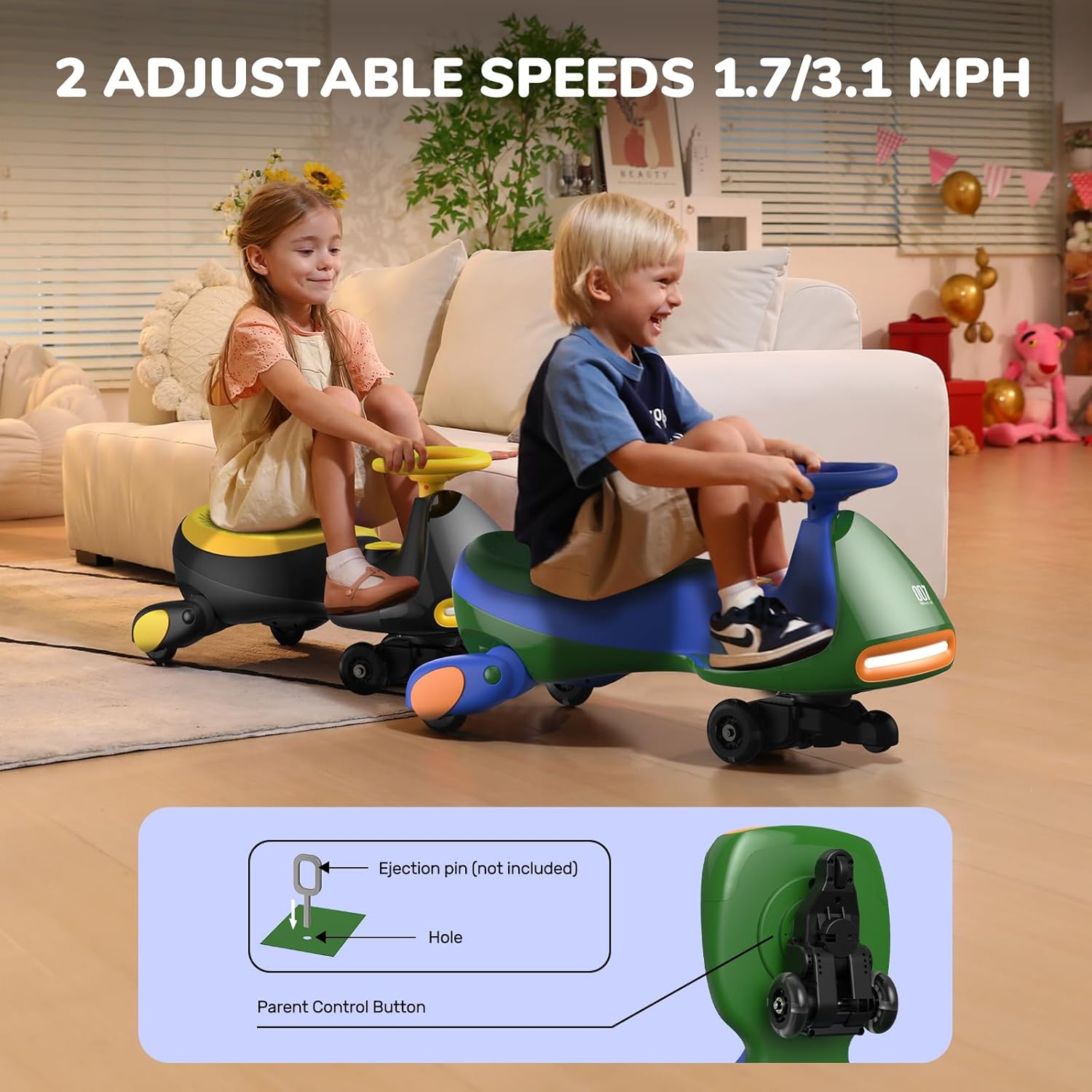FanttikRide 6V N7 Classic Electric Wiggle Car with Pedal, Rechargeable Battery, Ride on Toys, Swing Car, 2 Speeds, Anti-Rollover, Flashing Light Wheels, Bluetooth, for Ages 3 and Up, 150 Lbs, Green