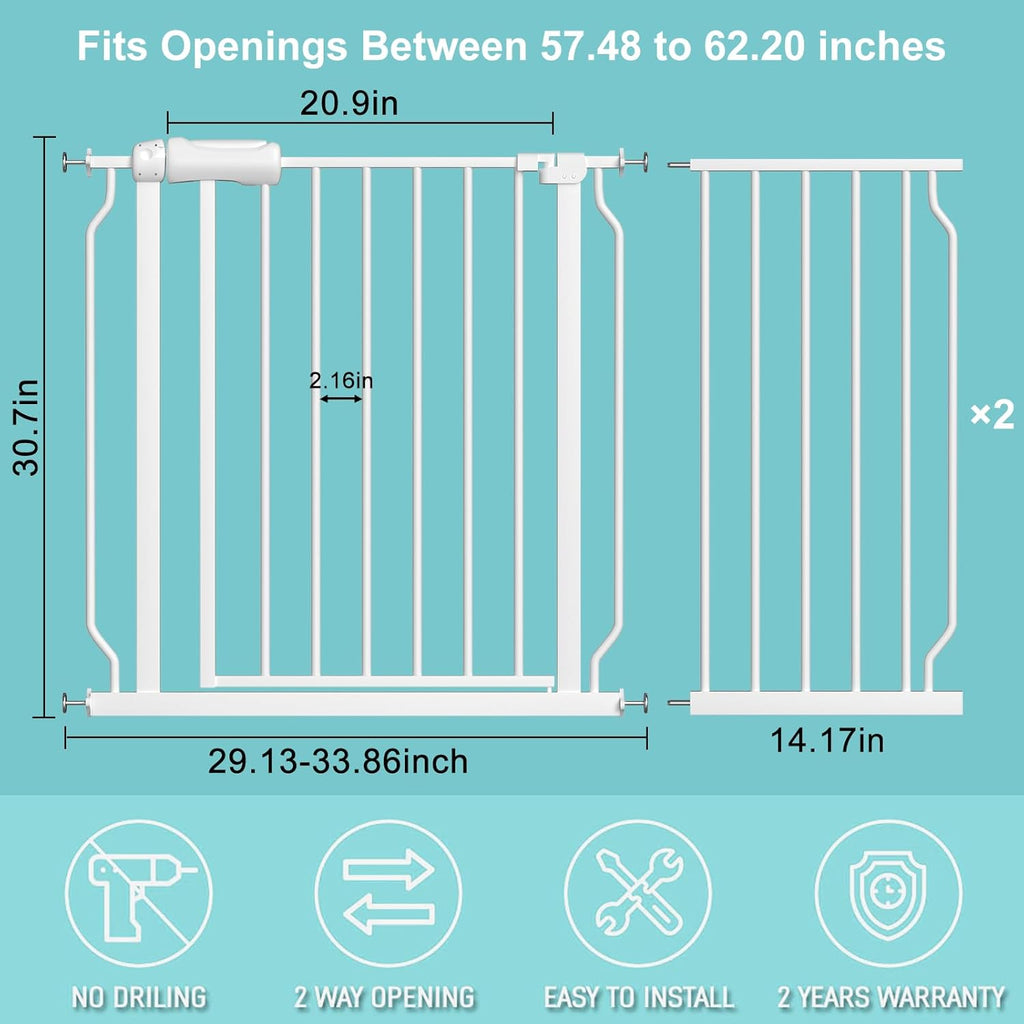 WAOWAO Baby Gate 57.48-62.17" Extra Wide Pressure Mounted Walk Through Swing Auto Close Safety White Metal Toddler Kids Child Dog Pet Puppy for Stairs,Doorways,Kitchen
