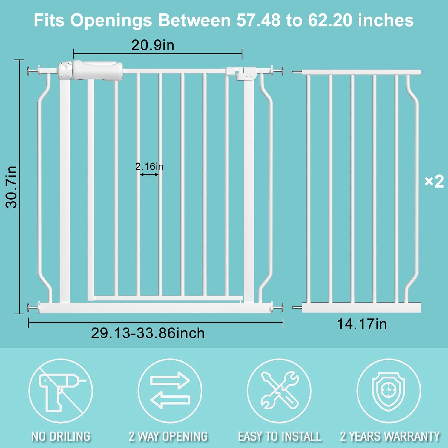 WAOWAO Baby Gate 57.48-62.17" Extra Wide Pressure Mounted Walk Through Swing Auto Close Safety White Metal Toddler Kids Child Dog Pet Puppy for Stairs,Doorways,Kitchen