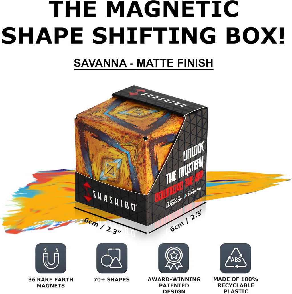 SHASHIBO Shape Shifting Box - Award-Winning, Patented Fidget Cube w/ 36 Rare Earth Magnets - Transforms Into Over 70 Shapes, Download Fun in Motion Toys Mobile App (Wild Series - Savannah)