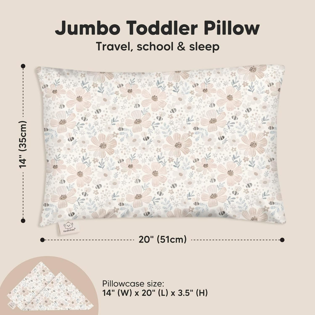 KeaBabies Toddler Pillow with Pillowcase, Jumbo 14X20 - Soft Organic Cotton Toddler Pillows for Sleeping - Machine Washable - Perfect for Travel, Toddler Bed Set (Flora Vale)