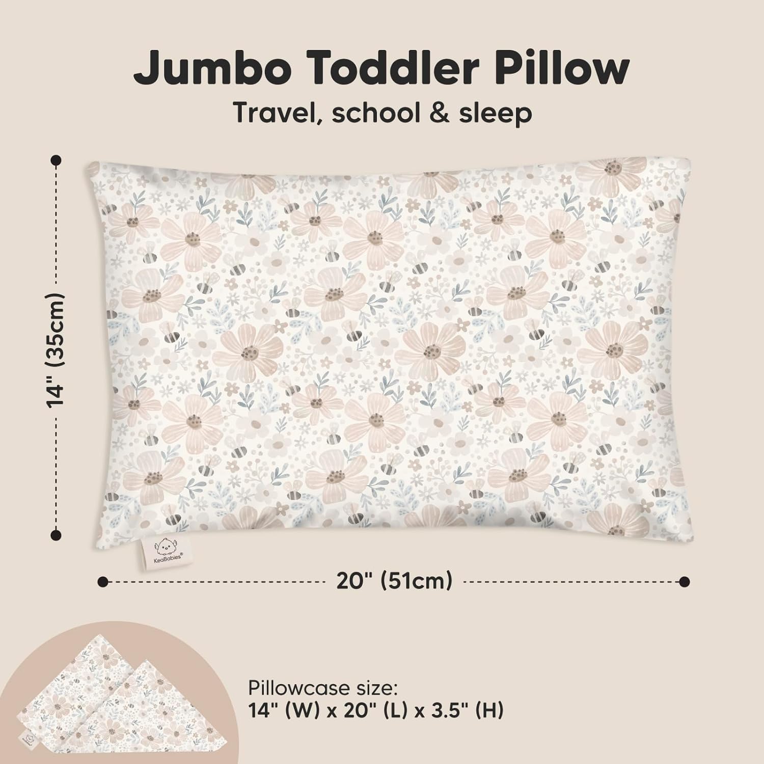KeaBabies Toddler Pillow with Pillowcase, Jumbo 14X20 - Soft Organic Cotton Toddler Pillows for Sleeping - Machine Washable - Perfect for Travel, Toddler Bed Set (Flora Vale)