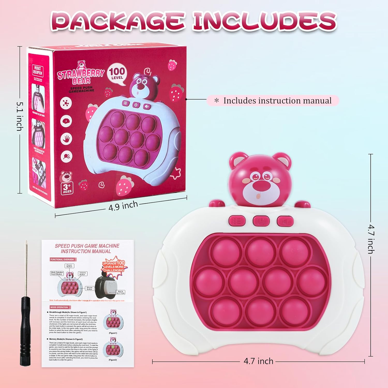 Pop Fidget Toys Handheld Game for Teens, Push Bubble Light up Puzzle Game Machine & Best Gifts for Kids, Quick Push Games Educational Sensory Toys, Stress Relief Party Favors Toy Age 3-12(Bear-S)