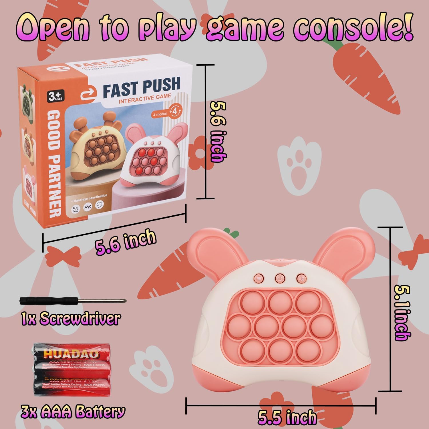 Fast Push Game, Bunny Ear Handheld Speed Push Bubble Game Console, Light up Pop Game Sensory Fidget Toys for Kids, Autism Sensory Toys,Birthday Easter Toy for Boys Girls Adults(Pink)