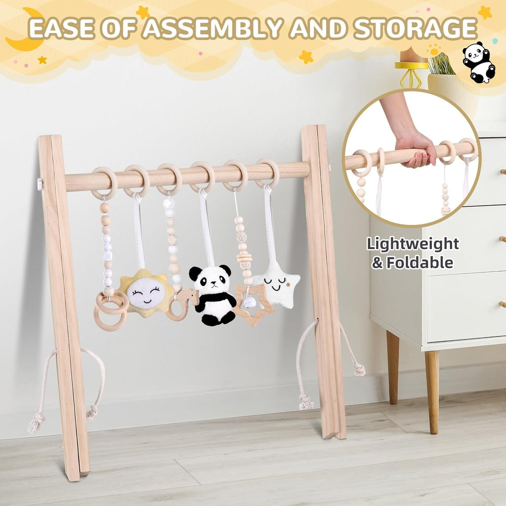Wooden Play Gym with Mat, Foldable Baby Activity Gyms for Infants Newborn Baby Girl and Boy, Tummy Time Baby Infant Toys 0-6 6-12 Months (Rabbit)