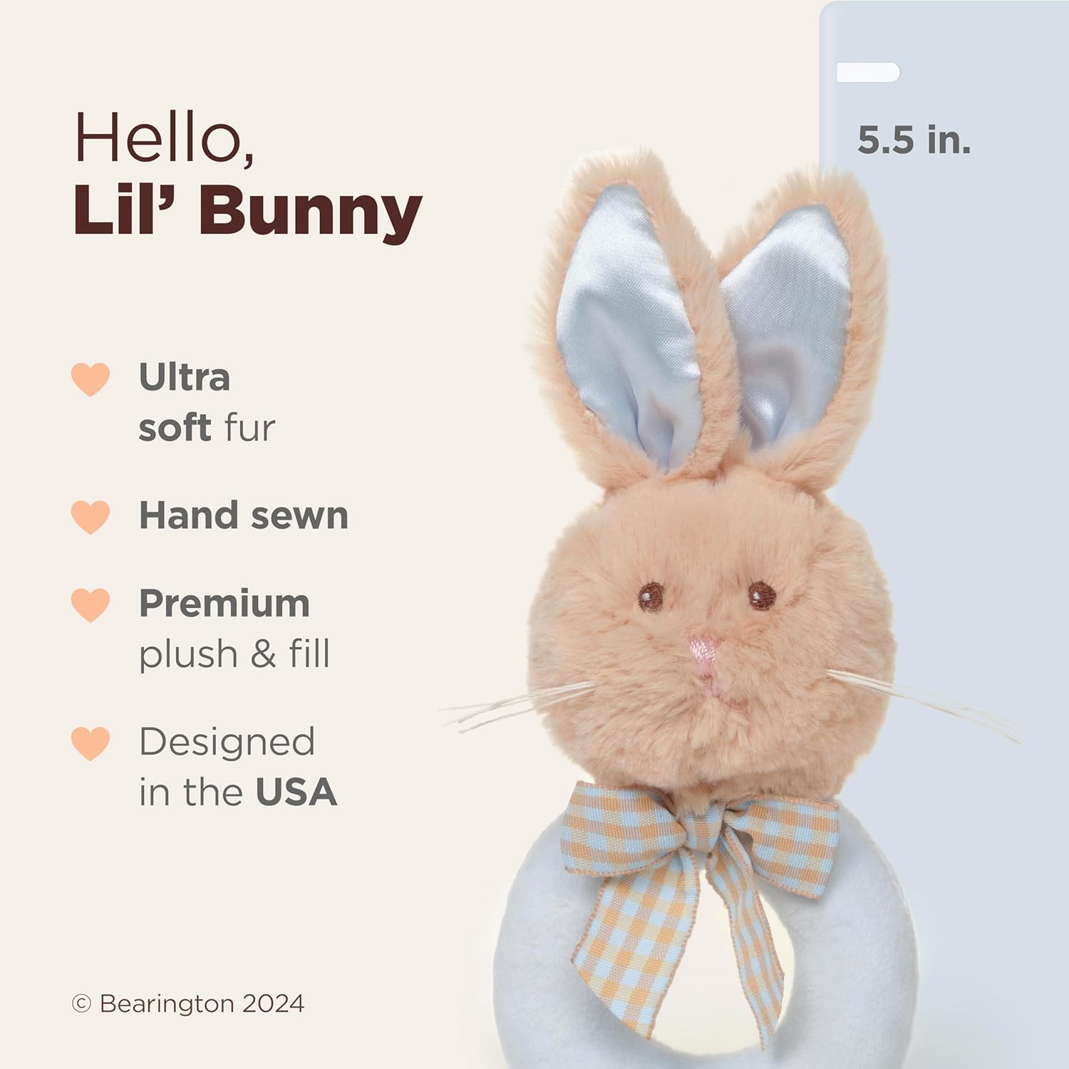 Bearington Collection Baby Lil' Bunny, 5.5 in Plush Bunny Rabbit Stuffed Animal, Soft Baby Rattles and Plush Rings Gift - Newborn Toy
