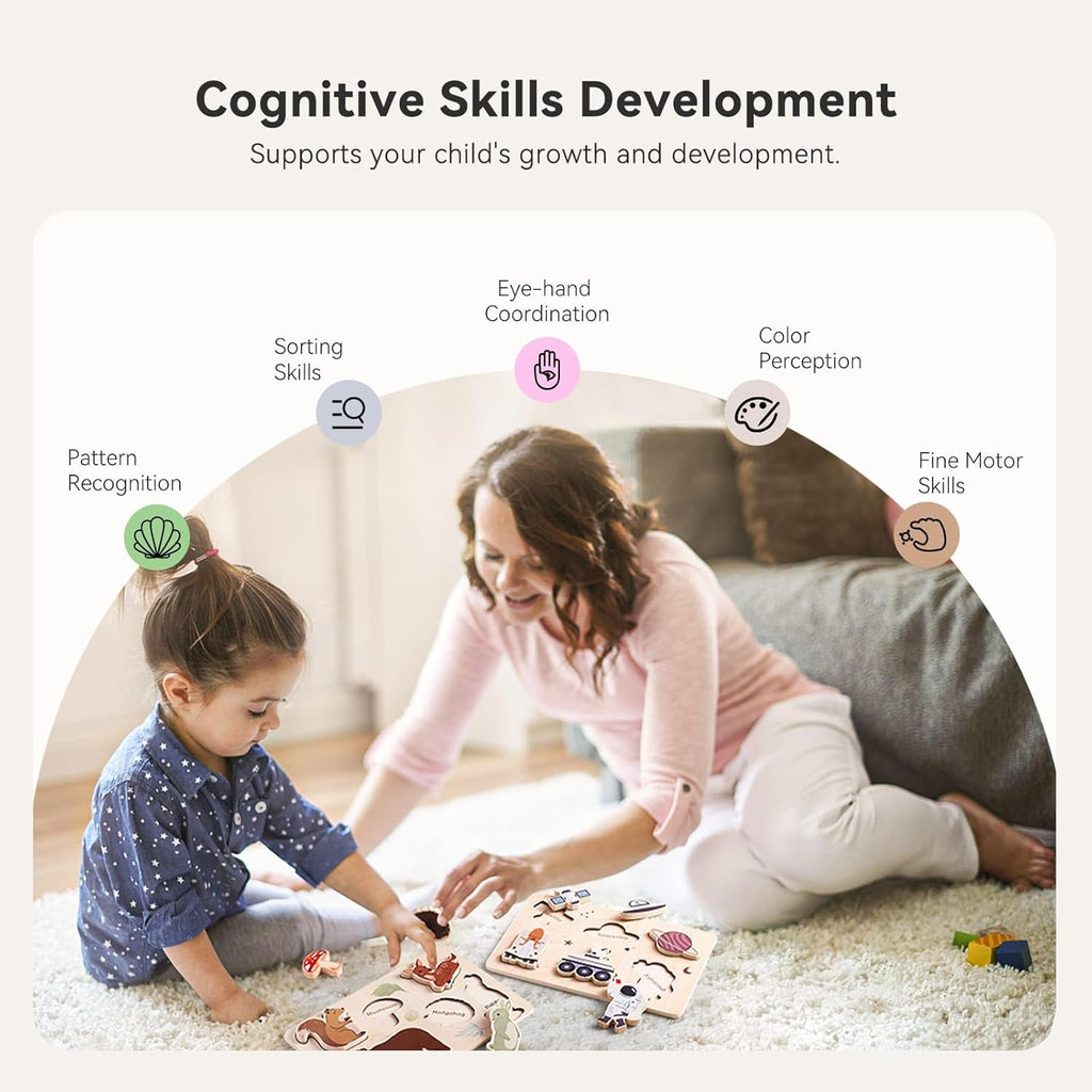 IEATFO 3 Packs Space Ocean Forest Wooden Chunky Puzzles for Toddlers, Wood Puzzle for Kids, Insert Puzzles Each Piece Fits Perfectly, Sturdy and Pegless, Educational Toys