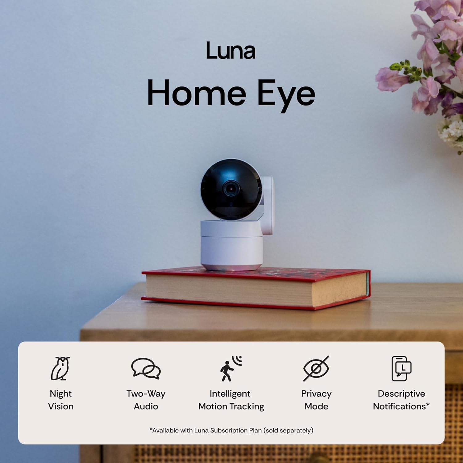 Luna Indoor Camera 360-Degree Pan/Tilt, Pet/Person/Vehicle AI Motion Detection, Plug-in, Night Vision, Two Way Audio, Cloud Storage, Wi-Fi Camera for Room Office Smart Home Security (White)