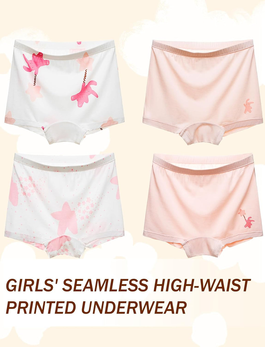 SEAUR Girls' Seamless Underwear 4-Pack Soft Breathable Ice Silk Boyshorts Panties Cute Prints Boxer Briefs for 6-16 Years