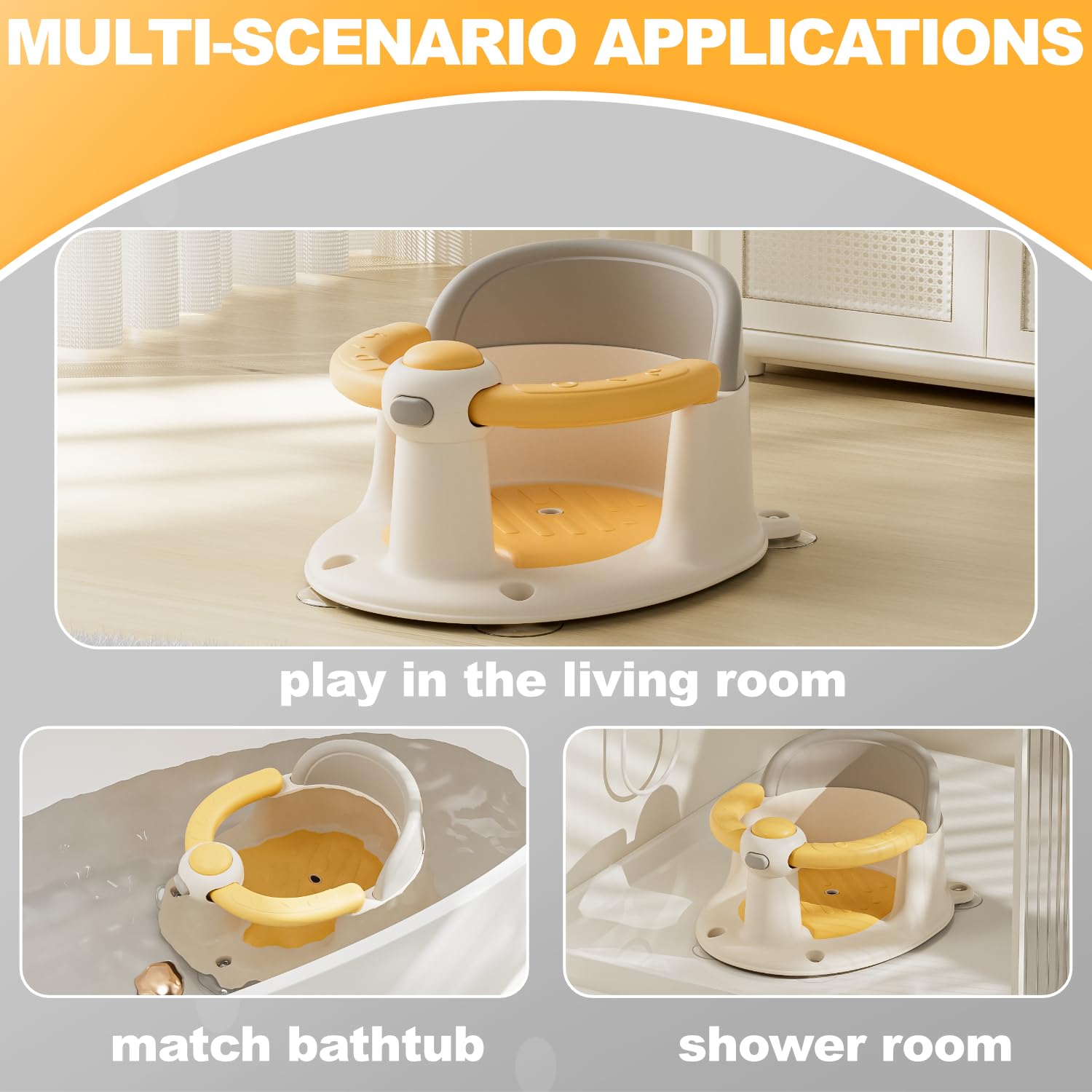 Baby Bath Seat 6 Months & up, Bath Seat for Baby, Infant Bath Seat with Suction Cups, Non-Slip, Detachable,Yellow