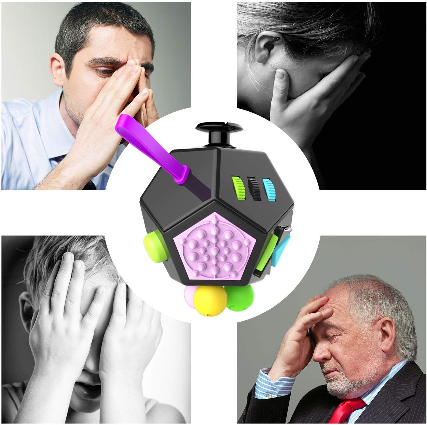 Fidget Dodecagon –12-Side Fidget Toys Cube Relieves Stress and Anxiety Anti Depression Cube for Children and Adults with ADHD ADD OCD Autism (B2 Black Colorful)