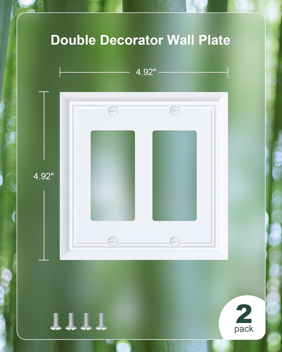 2-Pack Decorative Double Decorator Outlet Cover Plate, Pure White Durable Natural Bamboo Fiber Wall Plates for Electrical Outlets, Receptacle, GFCI Outlet, Dimmer Switch, 2-Gang, Corrosion Resistant