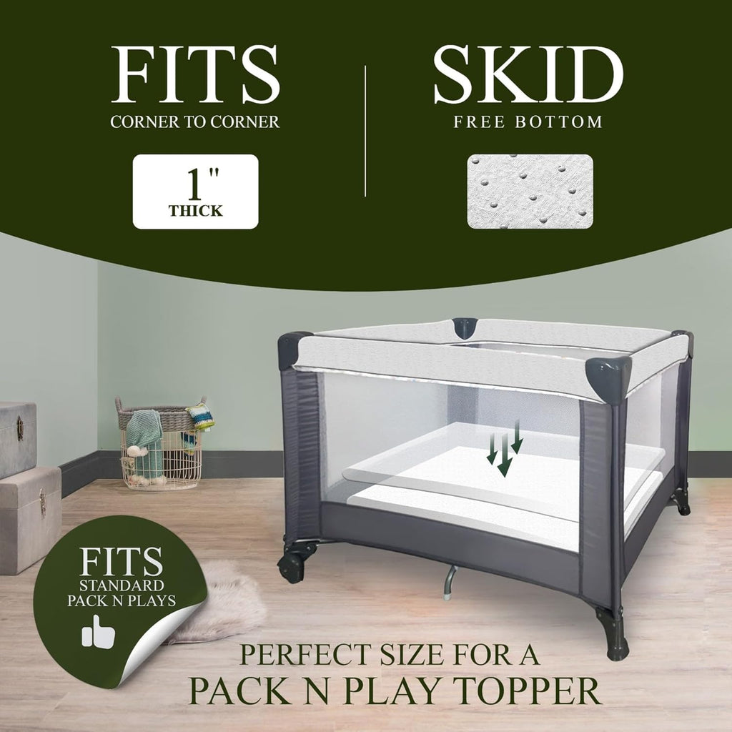 Organic Cotton Pack n Play Topper | CertiPUR-US Baby Mattress Pad for Portable Toddler Bed & Playard w/Washable Waterproof Cover, Soft Ventilated Foam Padding, Nonslip Bottom, Travel Strap | 41x29x1