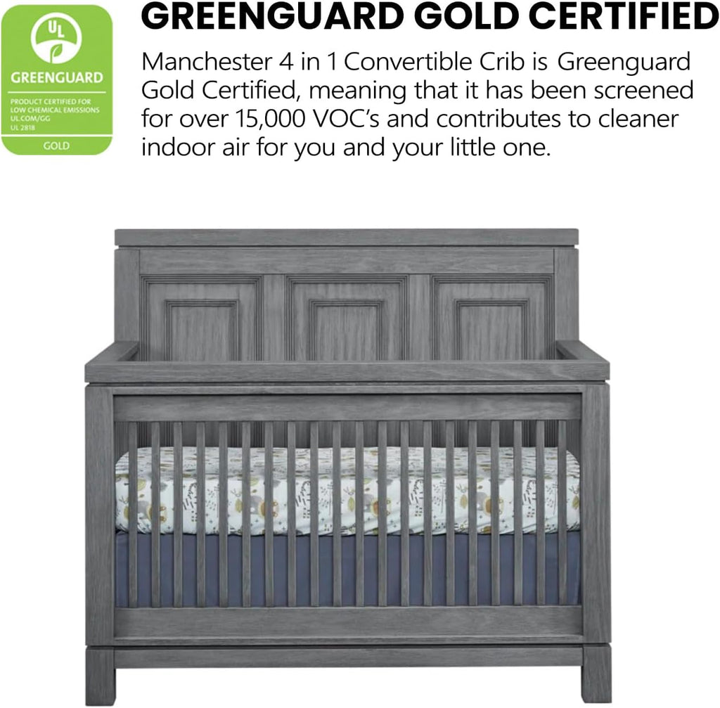 Soho Baby Manchester Premium 4-in-1 Convertible Crib, Flat-Top Headboard, Rustic Gray, GreenGuard Gold Certified
