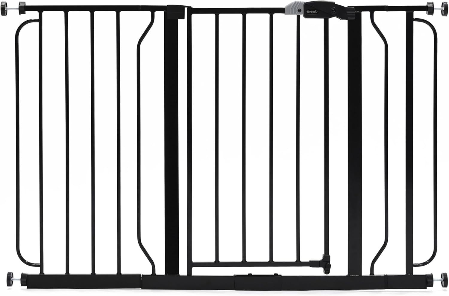 Regalo Easy Step 49-Inch Extra Wide Baby Gate, Includes 4-Inch and 12-Inch Extension Kit, 4 Pack of Pressure Mount Kit and 4 Pack of Wall Mount Kit, Black