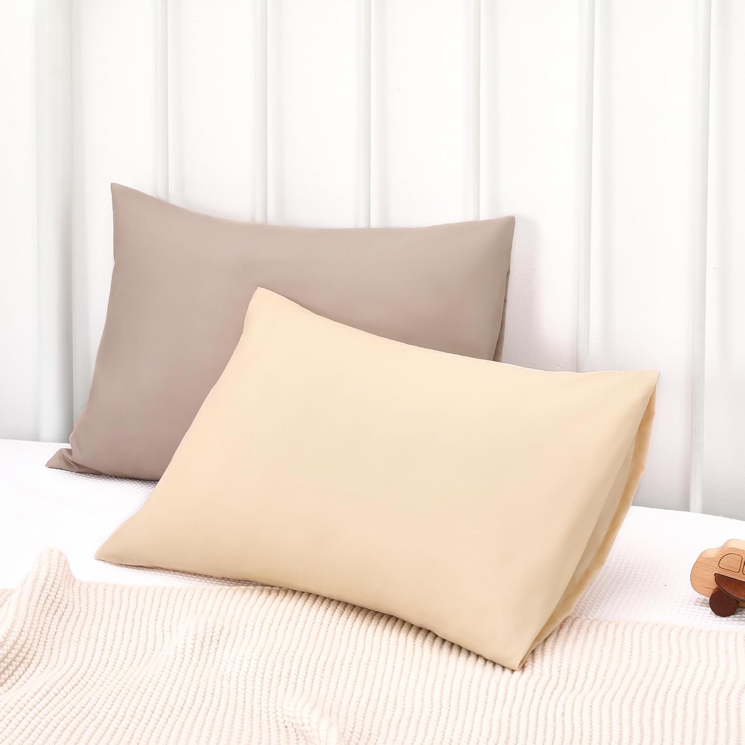 TILLYOU Toddler Pillowcase 2 Pack with Envelope Closure,13" x 18" Silky Soft Microfiber Travel Kids Pillowcase for Boys and Girls, Khaki & Brown