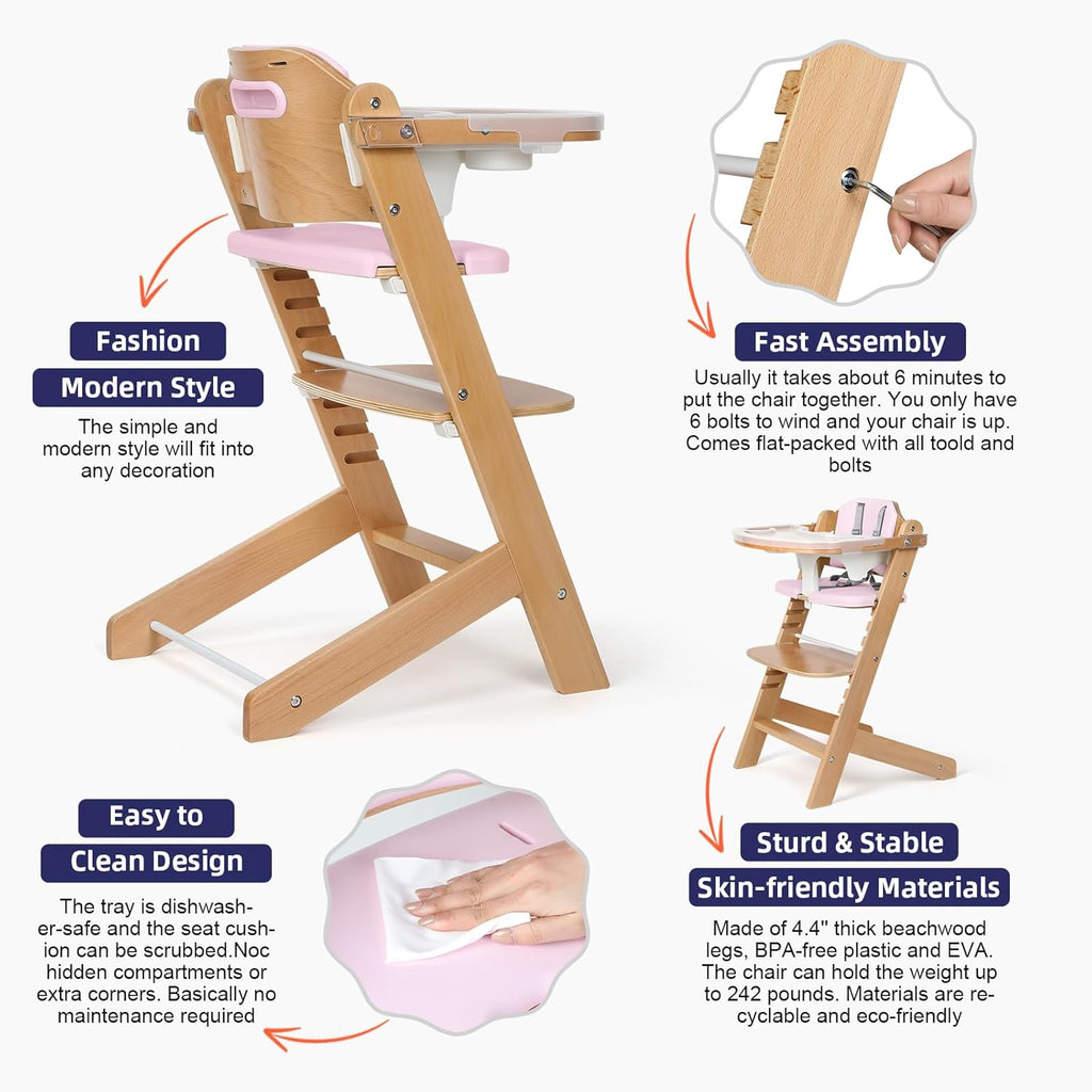 Cowiewie Natural Wooden High Chair for Babies & Toddlers 3-Tier Remove Adjustable Tray and Highchair with Cushions, Easy to Clean, Portable. (Pink)