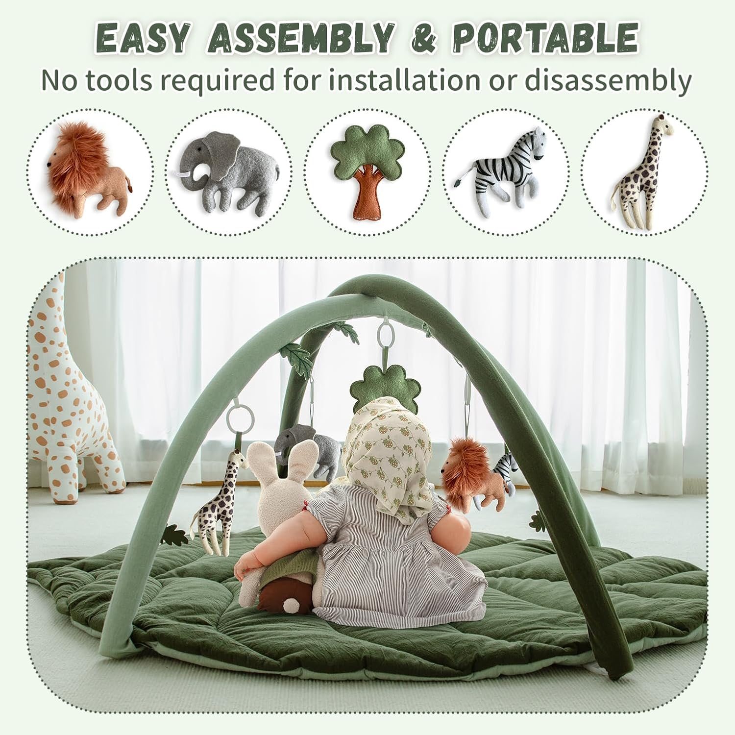 Baby Play Gym with Mat Leaf Shaped, Baby Play Mat with 6 Hanging Toys Tummy Time Mat, Baby Gym Activity Center, Washable (Green)