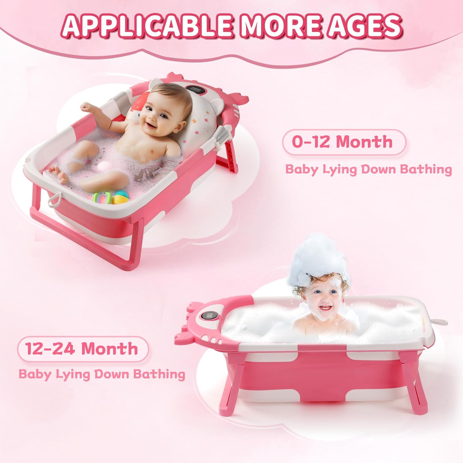 Baby Bathtub,Collapsible Baby Bath Tub with Thermometer & Soft Floating Cushion,Portable Travel Baby Bathtubs for Newborns to Toddlers 0-36 Months(Crab Gray)