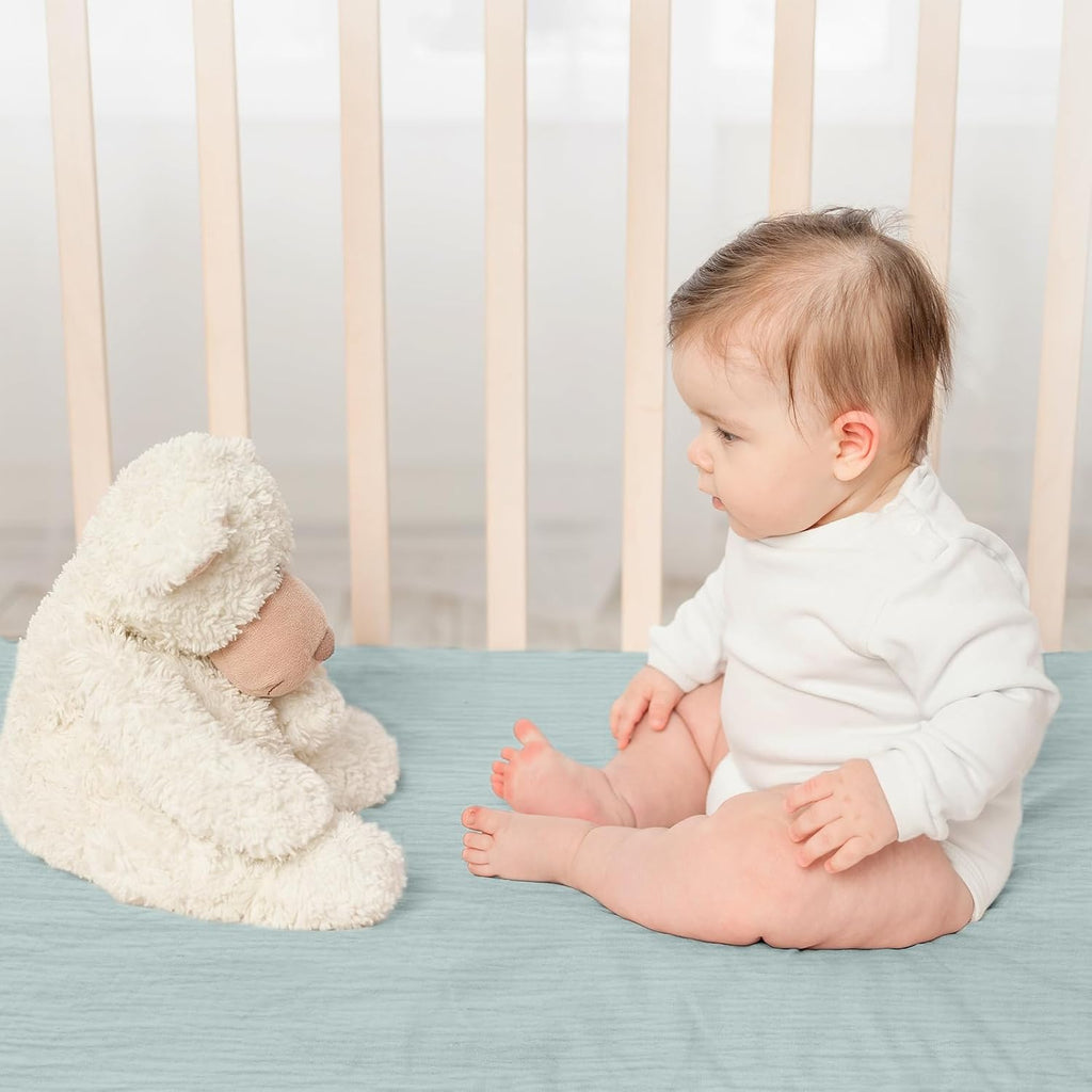 Gllquen Baby Muslin Mini Crib Sheets 3 Pack, Breathable Pack and Play Sheets Fitted Soft Cozy Cotton Pack N Play Sheets for Baby Boy Girls, Universal Fitted Mini Crib Mattresses 38"x26" (Blue)