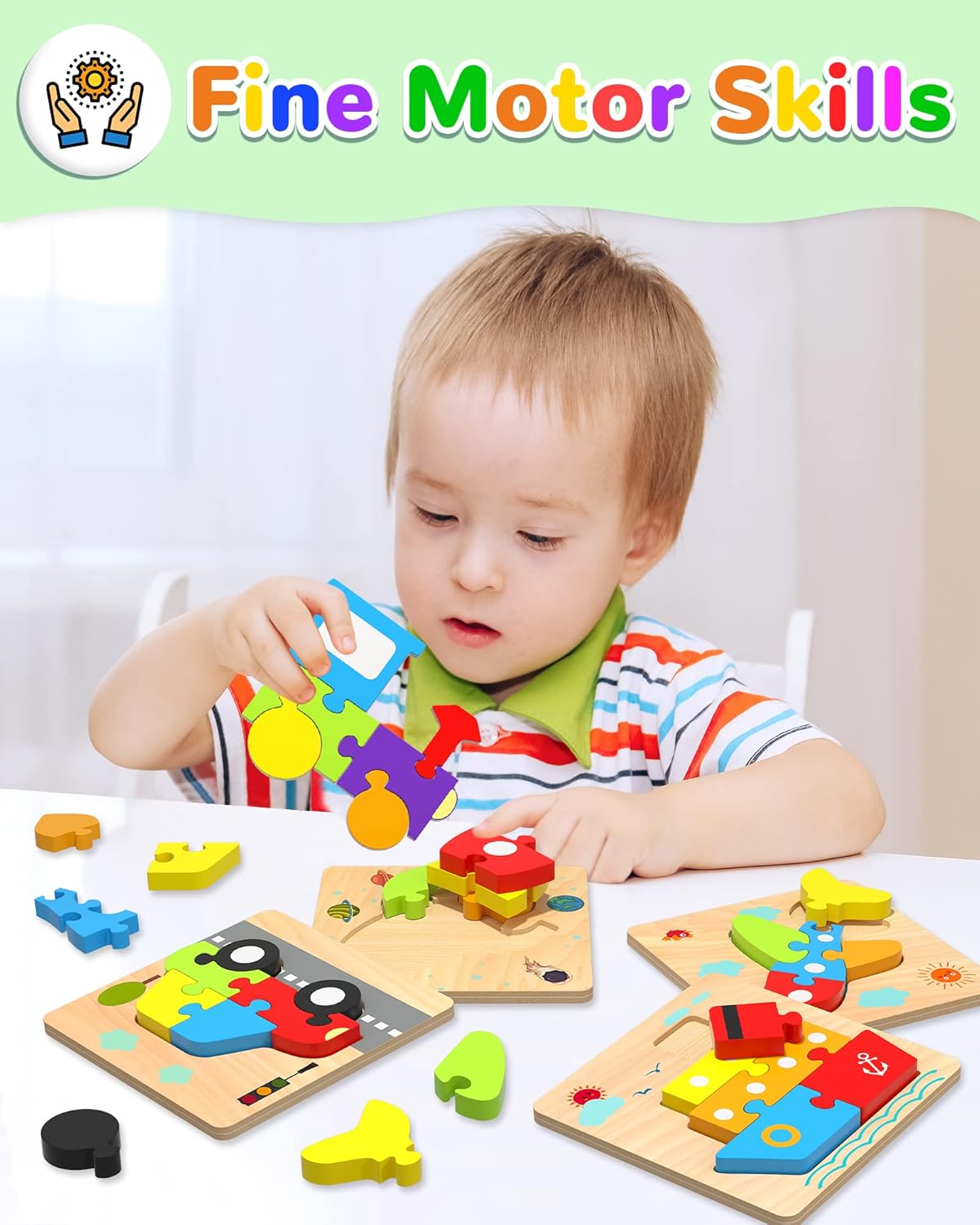 Yetonamr Wooden Toddler Puzzles Gifts Toys for 1 2 3 Years Old Boys Girls, 6 Vehicle Shape Montessori Toys Educational Blocks Kids Gift Baby Learning Toy Age 1-3, 2-4