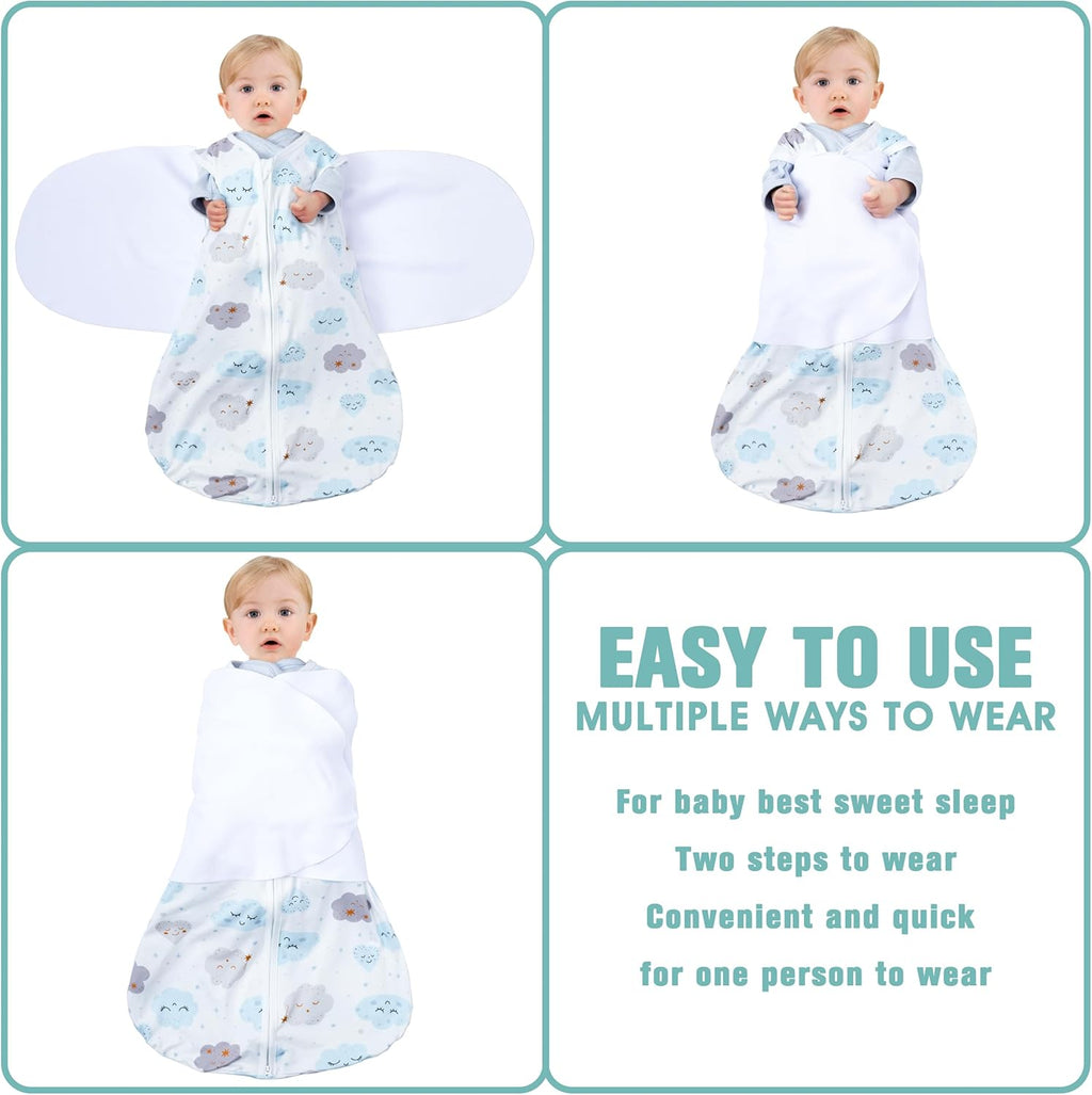 Newborn Sleep Sack Baby Swaddle,6-12 Months,3-Way Adjustable Wearable Blanket,100% Rayon Cotton Swaddling Sleeping Bag，TOG 0.5（Clouds&Starry Sky）