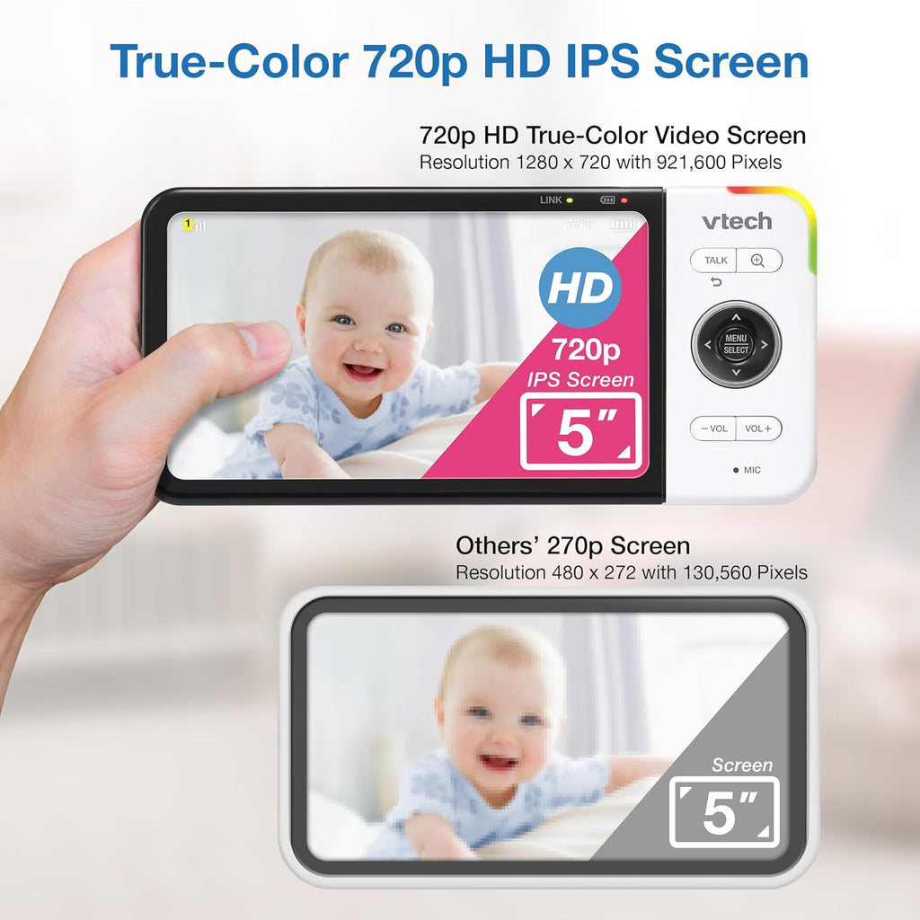 VTech VM928-2HD 5” 720p HD Display 2 Cameras Baby Monitor,110 Wide Angle View,Remote Pan-Tilt-Zoom,Night Vision,Up to 1000ft Range,Temperature Sensor,9 Soothing Sounds & Lullabies,2-Way Talk,No WiFi