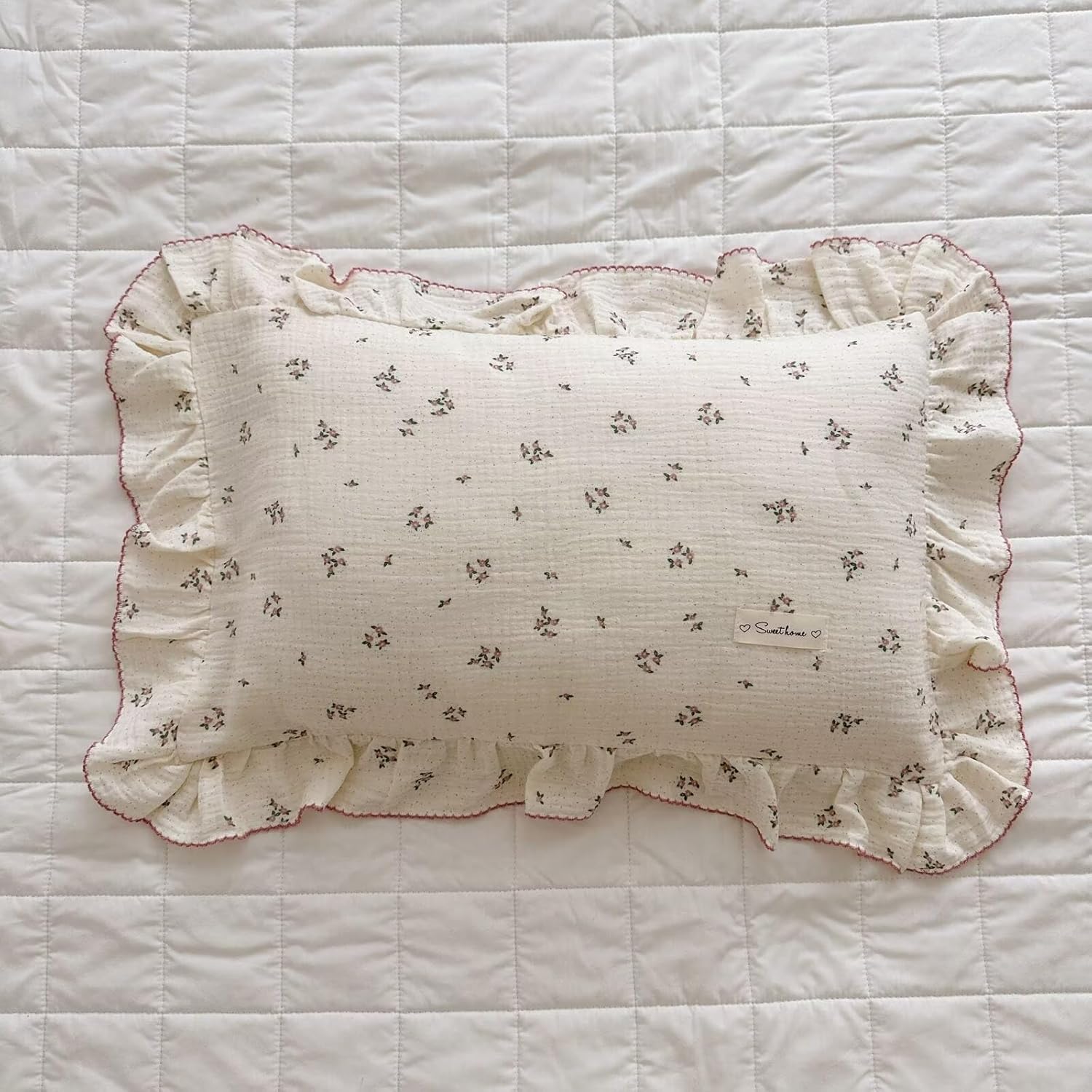 BuLuTu Beige Floral Toddler Pillowcase Muslin with Ruffles,Kids Girls Standard Pillow Cases Fit for Children Pillow Sized 16"x 22"/20"x 26", Envelope Closure, Primrose Pattern,1 Pack