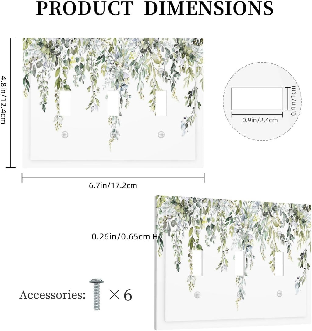 Decorative Switch Plates Boho Farmhouse Flower Leaf Sage Green 3 Gang Wall Plate Triple Toggle Light Switch Cover Faceplate Electrical Wall Panels for Bedroom Cabin Decor