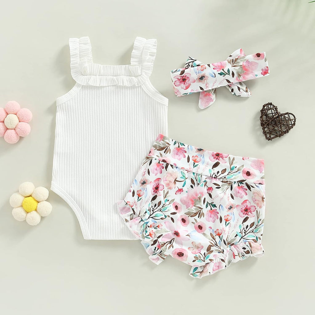 fhutpw Baby Girl Clothes Summer Cute Outfits 3 6 12 18 Months Spaghetti Strap Romper & Floarl Shorts Sets