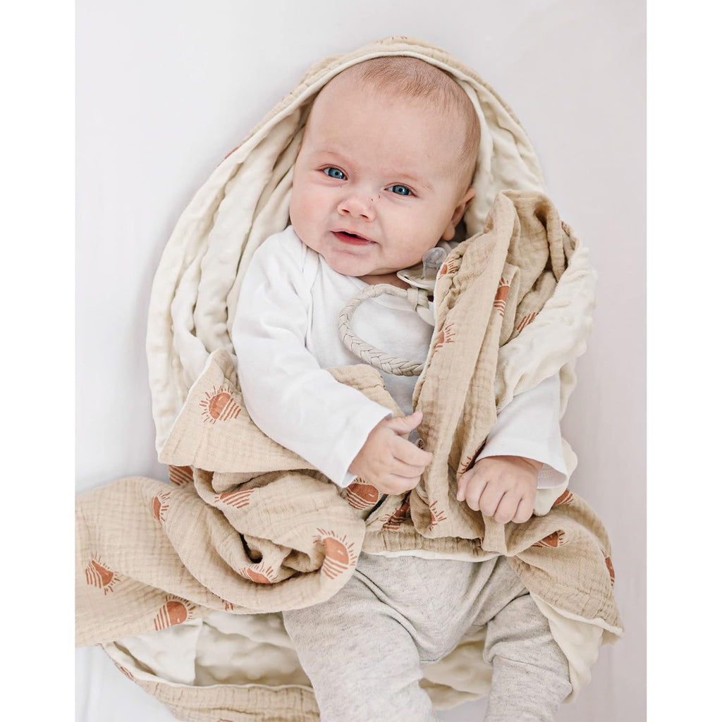 Konssy Baby Blankets for Unisex Boys Girls, Super Soft Nursery Minky Blankets with Muslin Cotton Front and Dotted Fleece Backing, Printed Bed Throws Newborn