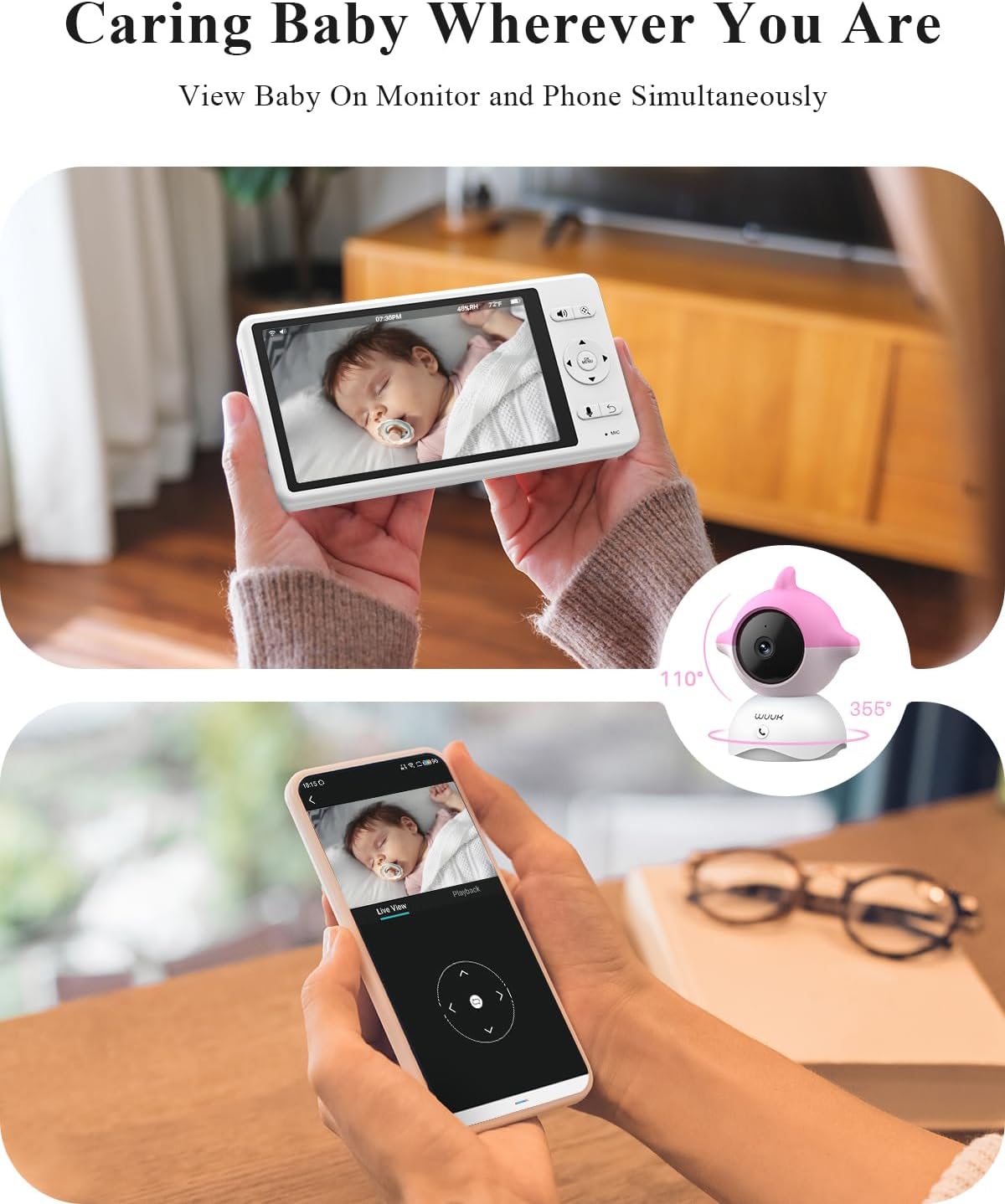 WUUK 2K Video Baby Monitor, 5.5'' Baby Monitor with 360 PTZ Color Display with 135° Wide Angle, 3700mAh Battery, Ultra-clear Night Vision, Baby Camera with App, Temper & Humidity Sensor, Cry Detection