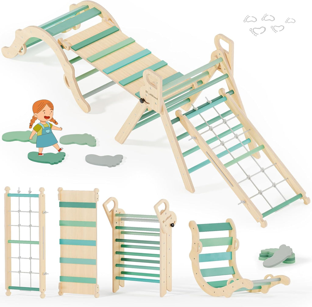BlueWood 10-in-1 Pikler Triangle Set, Toddler Climbing Toys Indoor, Montessori Climber, Baby Jungle Gyms with Arch, Extra Rope Ladder & Footprint Balance Beam - Emerald Forest