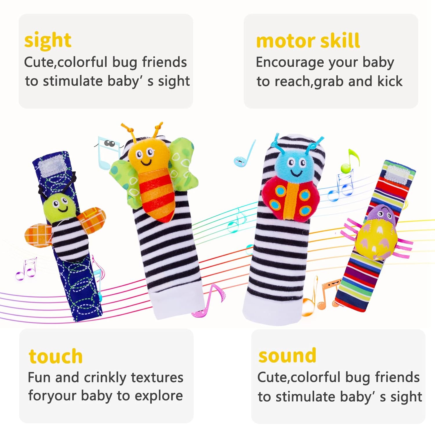 4-Piece Baby Wrist Rattle & Foot Finder Socks - Animal Rattle, Cartoon Design, 0-24 Months