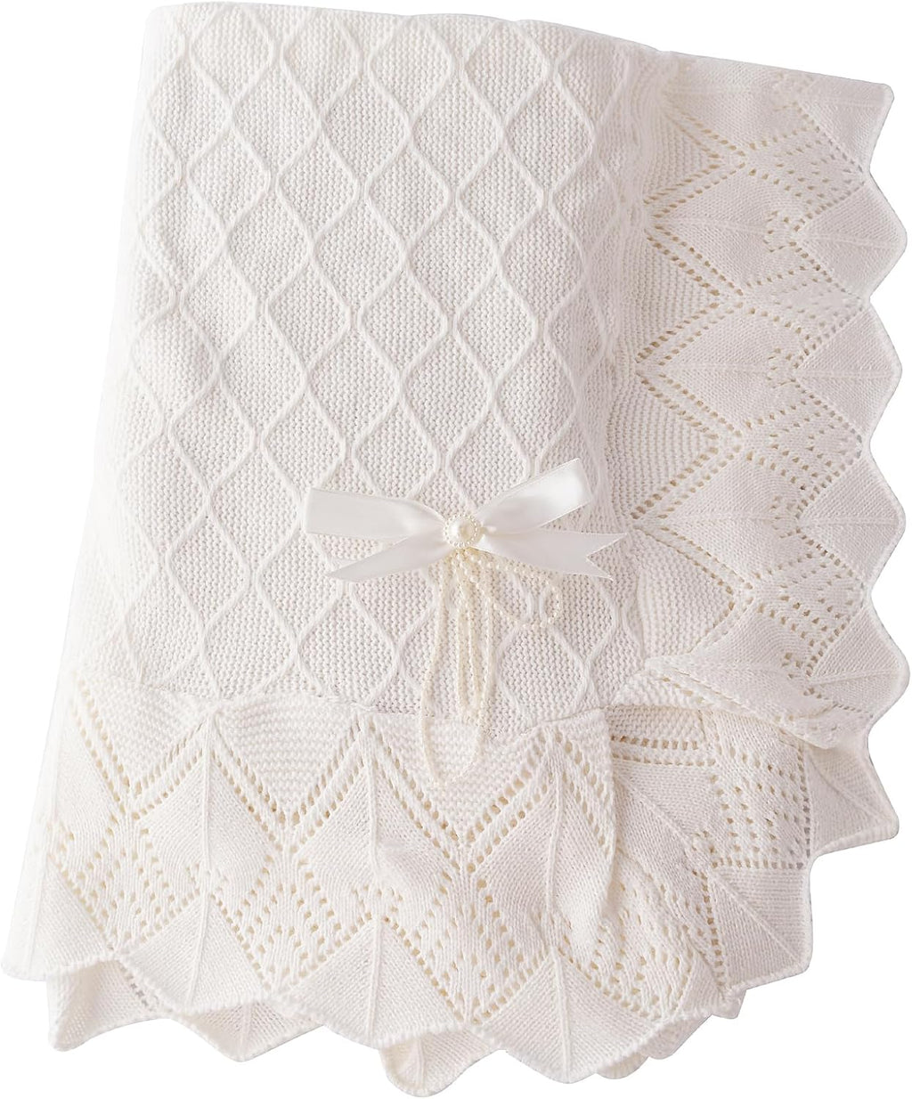 Booulfi Knit White Baby Blankets Neutral,Crib Stroller Newborn Blankets for Boys Girls,Cotton Lace Crochet Winter Blanket Nursery Blanket New Baby Essentials, 38X39