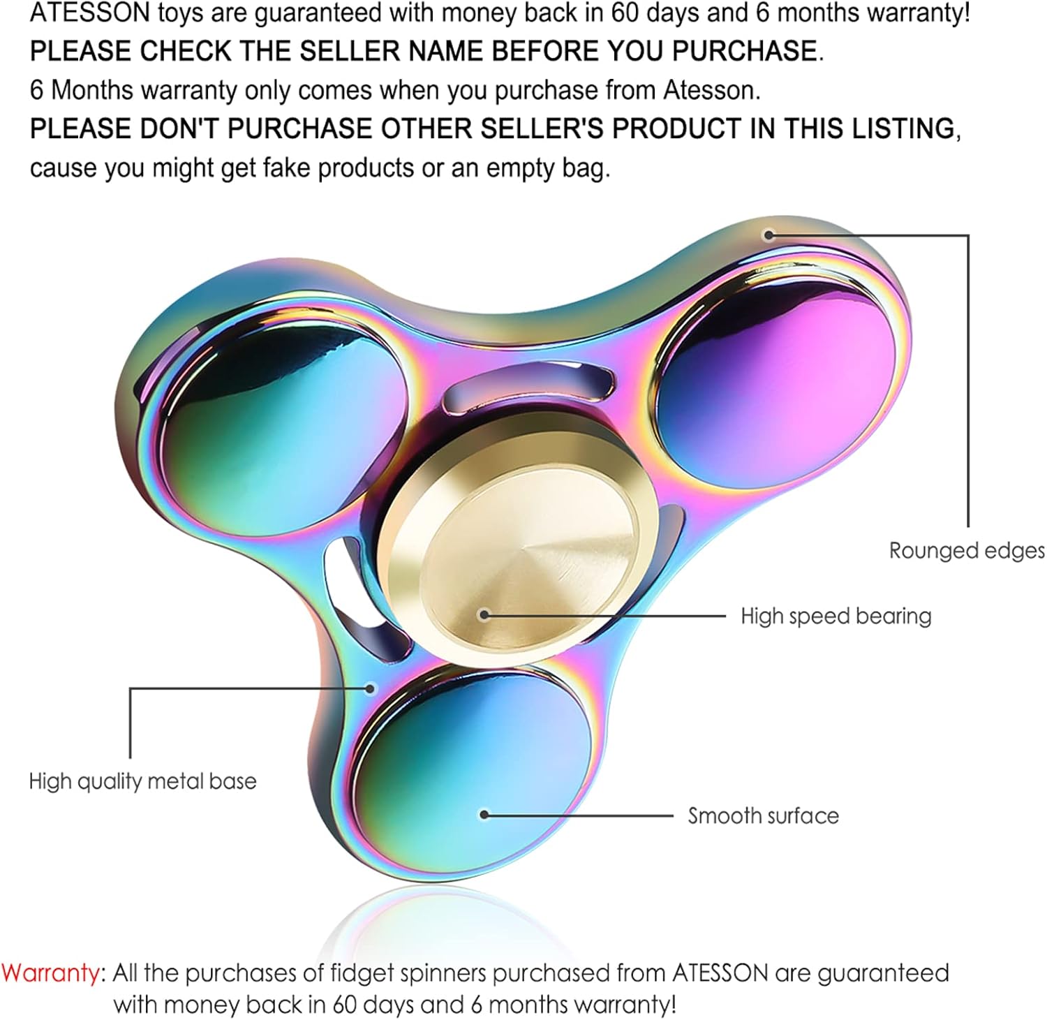 ATESSON Fidget Spinner Toy Durable Stainless Steel Bearing High Speed Spins Precision Metal Hand Spinner EDC ADHD Focus Anxiety Stress Relief Boredom Killing Time Toys for Adults Kids