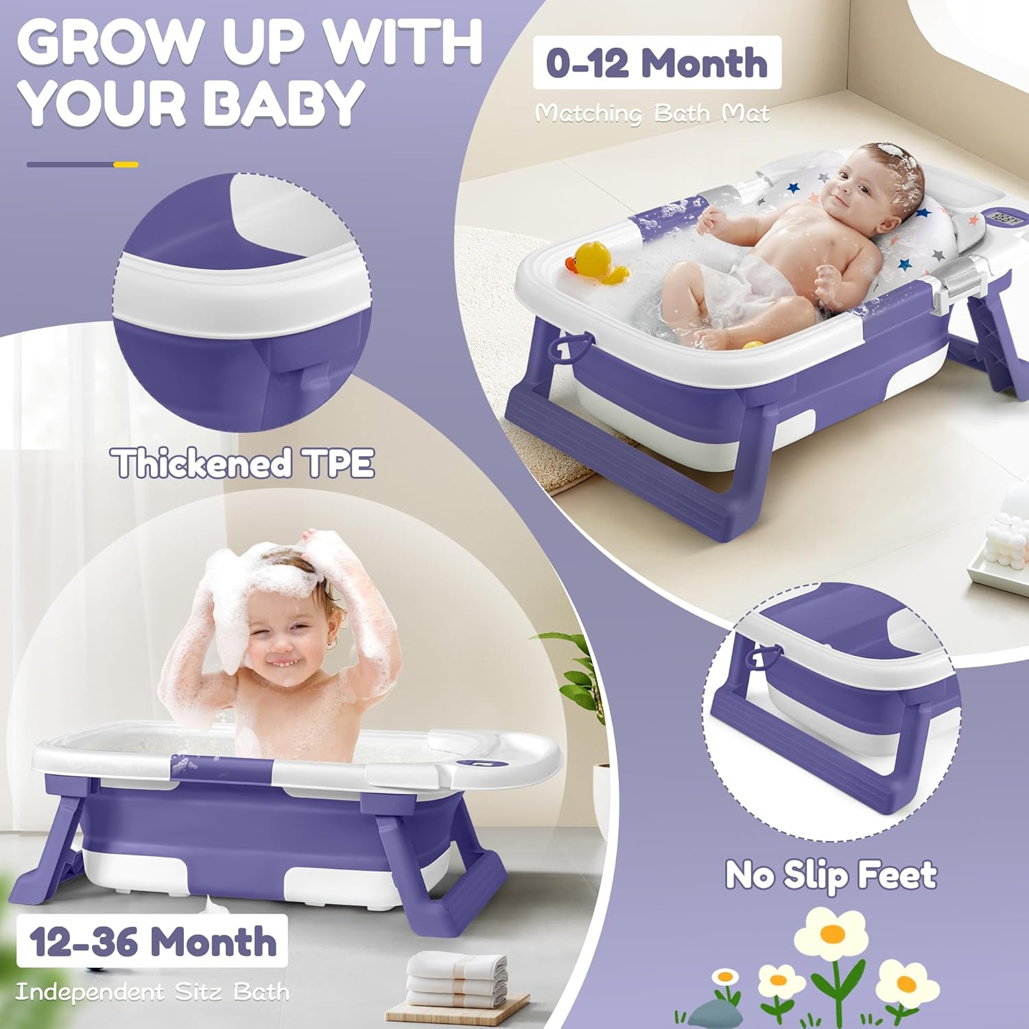 Collapsible Baby Bathtub,Baby Bath Tub with Thermometer & Soft Cushion,Baby Bathtub for Newborn to Toddler 0-36 Months,Portable Travel Baby Tub with No-Slip Feet,Baby Shower Gifts,Lavender