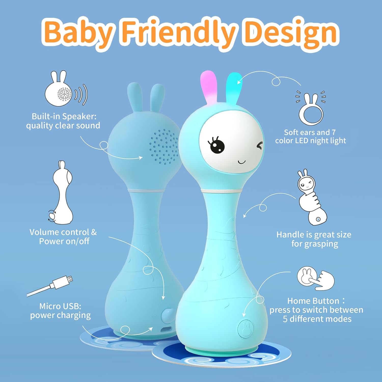 alilo Smarty Bunny Baby Rattle Musical Light Up Toys, Infants Newborns Baby Toys 0-3-6-12-18-24 Months,1 Year Old Boy Girl Gifts, 4 Music Modes and Color Recognition Function with 9 Color Card