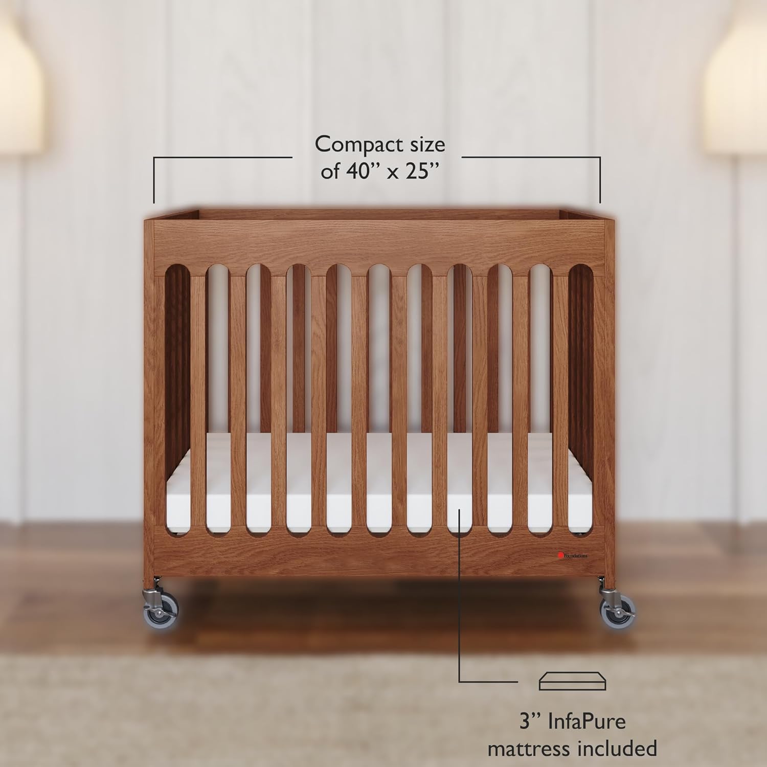 Foundations Boutique Folding Mini Baby Crib - Compact, Portable, Wooden Hotel Crib, Foldable Compact Cribs for Baby & Toddlers - Includes 3" Foam Mattress - Cherry