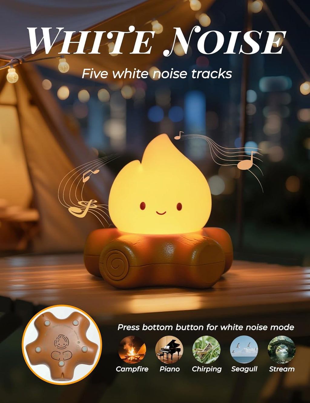 Fake Campfire Lamp, Ambient Lighting, White Noise Soothes The Mood, Portable Rechargeable Night Light, Candlelight Mode Mood Lighting, Bedroom, Desktop, Camping Decor, Cute Gifts