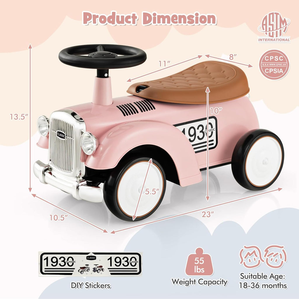 HONEY JOY Ride On Push Car, Outdoor Toddler Riding Toys w/Steering Wheel, Horn & Storage, Foot-to-Floor Sliding Car, No Batteries, Retro Baby Ride On Toys for Boys and Girls (Pink)