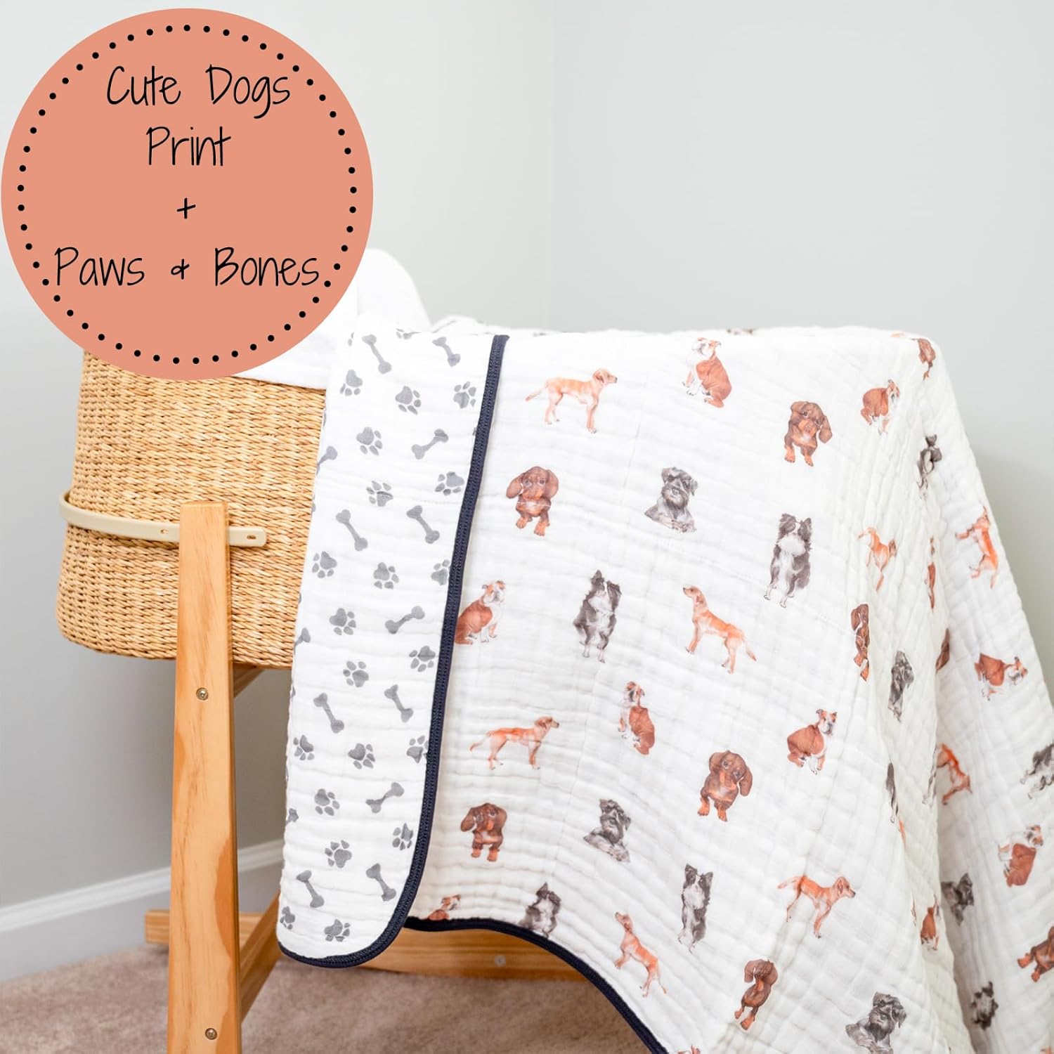 LollyBanks Muslin Baby Blanket 100% Organic Cotton, Muslin Quilt Lightweight, 6 Layers Baby Blankets 47"x 47", Toddler Blanket for Boy and Girl, Nursery Receiving Blankets (Puppies Print)