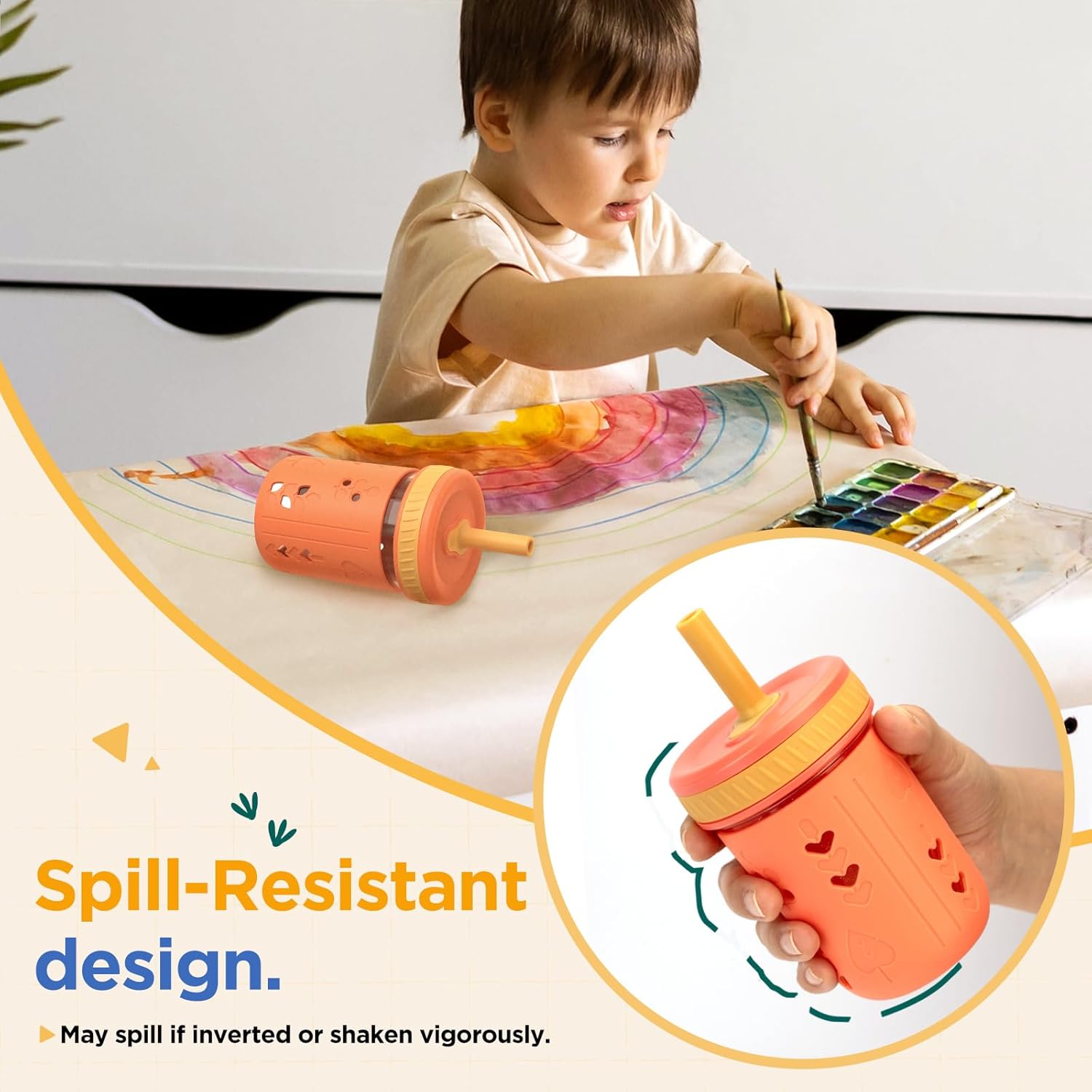 Tronco 8 oz Glass Sippy Cup for Toddlers, Kids Mason Jar Smoothie Cup with Silicone Sleeves & Spill Resistant Flexible Straw, Snack Cup, BPA-Free, Dishwasher Safe