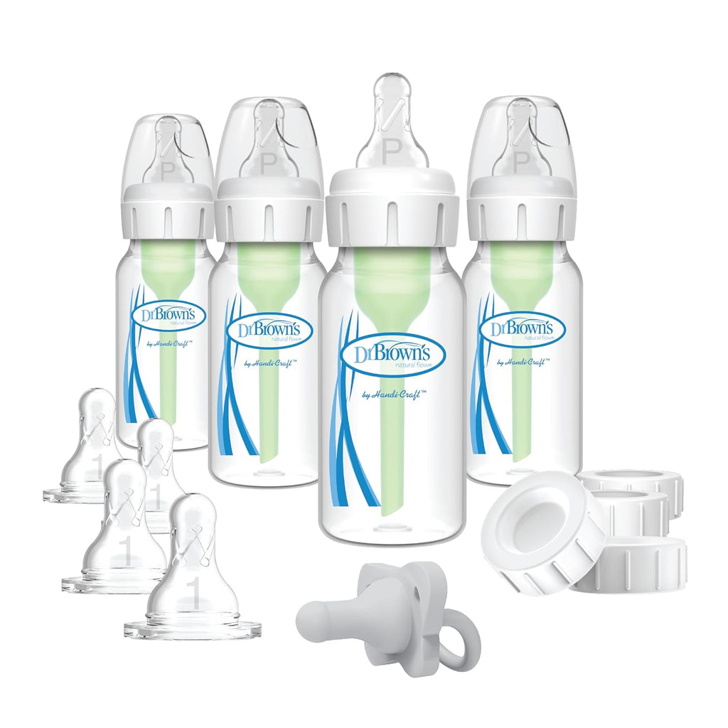 Dr. Brown's Anti-Colic Breast to Bottle Feeding Set with Slow Flow Nipples, Travel Caps, and Silicone Pacifier - Gray