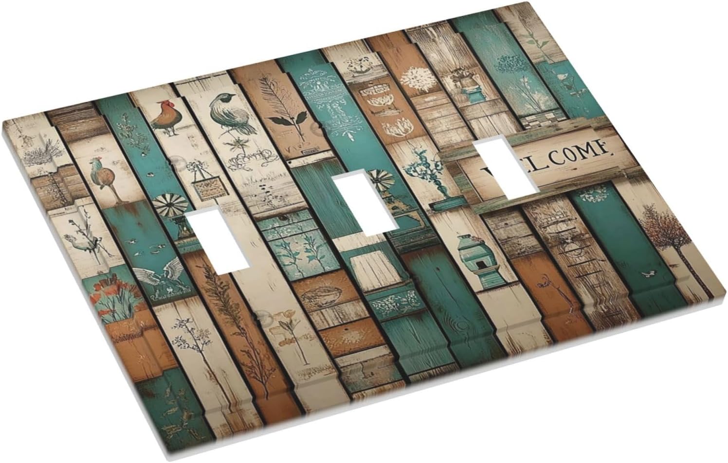 Decorative Switch Plates Vintage Wood Brown Turquoise Splicing 3 Gang Wall Plate Triple Toggle Light Switch Cover Faceplate Electrical Wall Panels For Farmhouse Cabin Decor